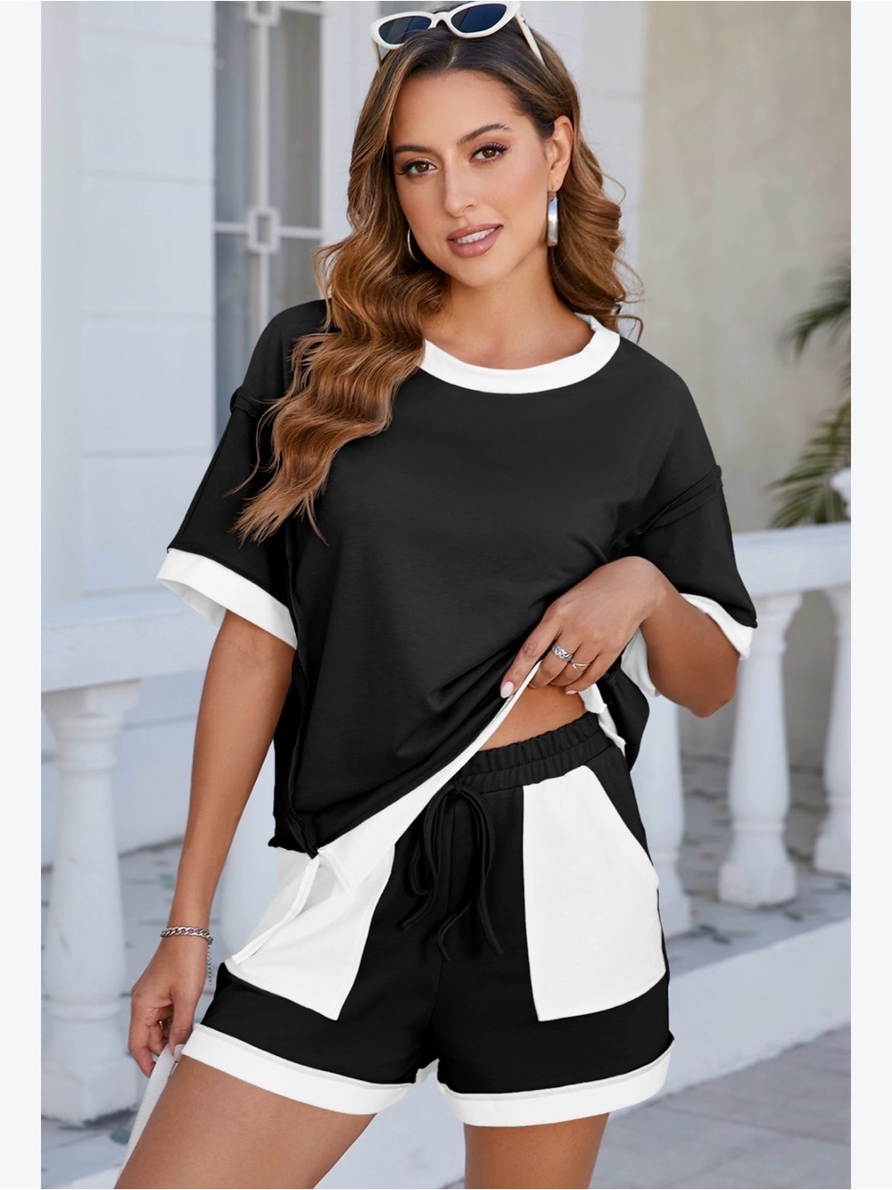 NWT Black & White Colorblock Knit Lounge Shorts Top Set Amazon Size Large L